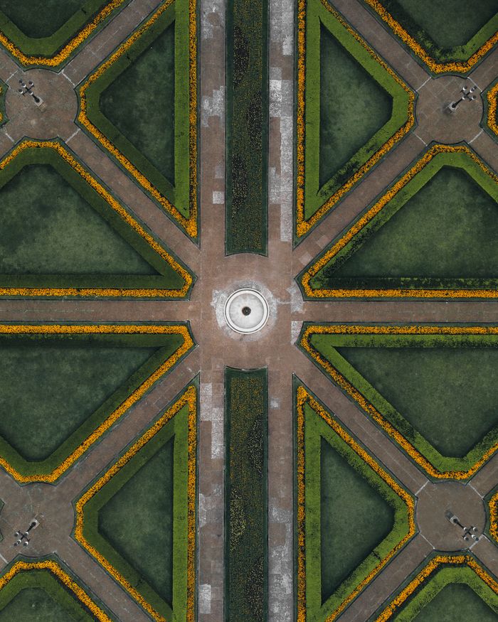 Aerial shot of geometric garden design in Curitiba, Brazil. Symmetrical and artistic.